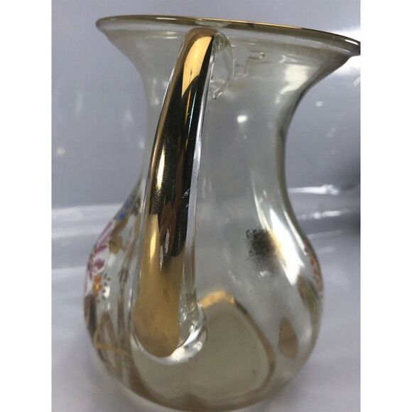 VTG Floral Painted Yellow Glass Pitcher Gold Trim 7.25" - Picture 7 of 12